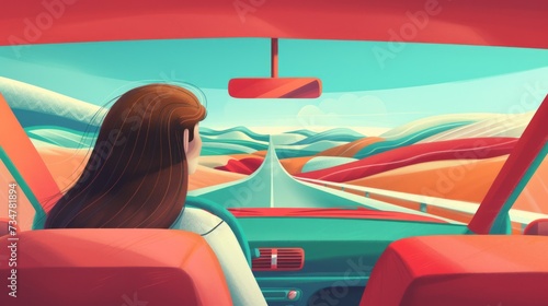 the essence of freedom and elegance of a woman setting off on a journey in her stylish convertible. Bright colors of the sky. The wind blowing through her hair, the feeling of movement and speed