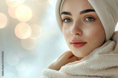 Close-up portrait of female beauty model showing off facial and skin care results.