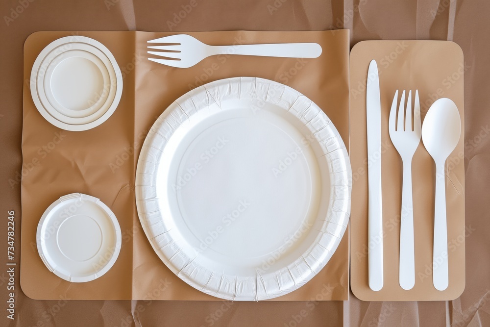 topdown shot of an artistically arranged paper tableware setting topdown shot of an artistically arranged paper tableware setting