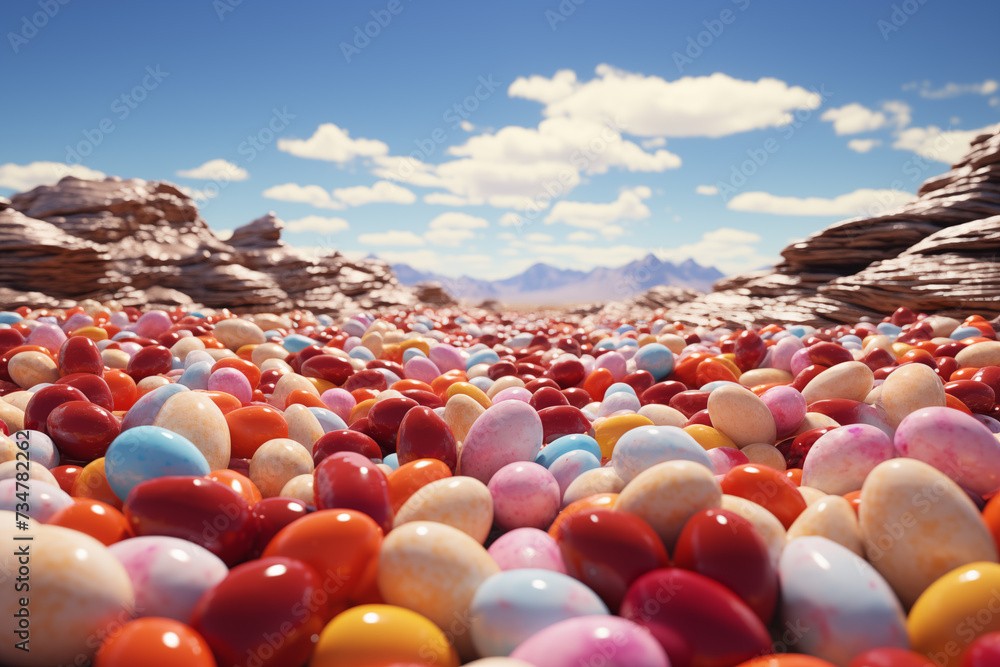 Obraz premium Group of colorful Easter eggs on the ground on Easter day.