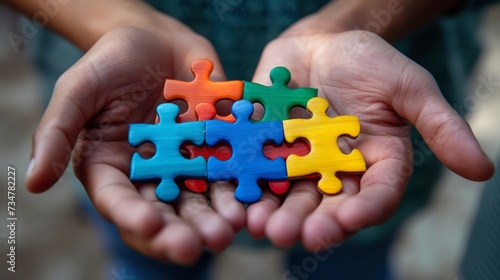 hands holding colorful puzzle pieces symbolizing connection and teamwork and cooperation.