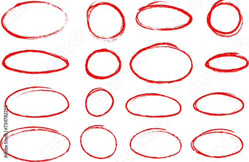 Textured red highlight circles, vector oval set isolated