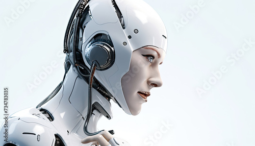 AI humanoid female white robot acting as a customer service phone call using a headset on a solid white background created with Generative AI Technology