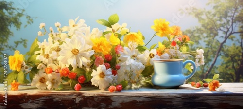 yellow flower pot with dandelion flowers over table and sun. colorful flowers in a wooden cup with sunlight
