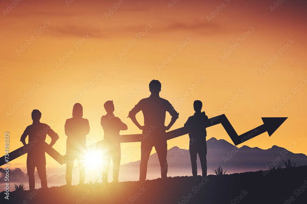 Fototapeta premium Team silhouette and up graph arrow on sunset background, leadership and teamwork concept