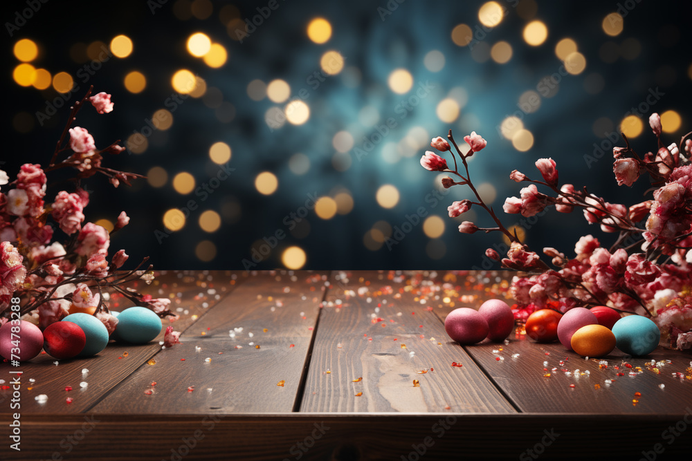 Naklejka premium Easter eggs on the wood table on the Easter day.