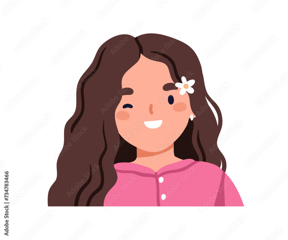 Cute happy girl kid smiling, winking. Excited cheerful child with flower in hair. Joyful positive sweet character, preschooler portrait. Flat vector illustration isolated on white background Cute happy girl kid smiling, winking. Excited cheerful child with flower in hair. Joyful positive sweet character, preschooler portrait. Flat vector illustration isolated on white background