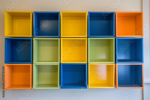 wall with colorful, childheight cubbies all empty