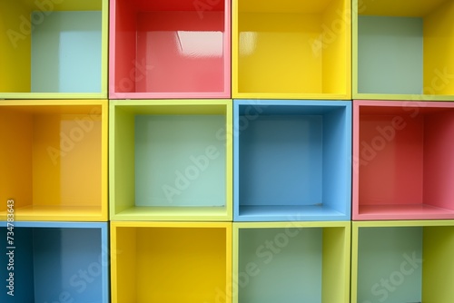 wall with colorful, childheight cubbies all empty photo