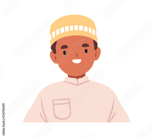 Happy Arab kid portrait. Smiling Muslim boy in Arabic headwear. Cute cheerful Moslem child, Islamic hat, traditional religious apparel, dressing. Flat vector illustration isolated on white background