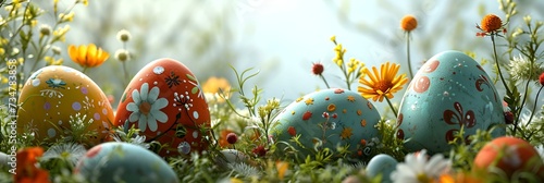 easter eggs are lying next to colorful flower and grasses 