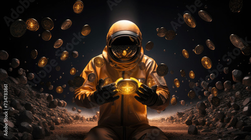 astronaut wearing gold yellow gradient color spacesuit and holding gold Coins and coins flowing from his hand on dark background theme created with Generative AI Technology 