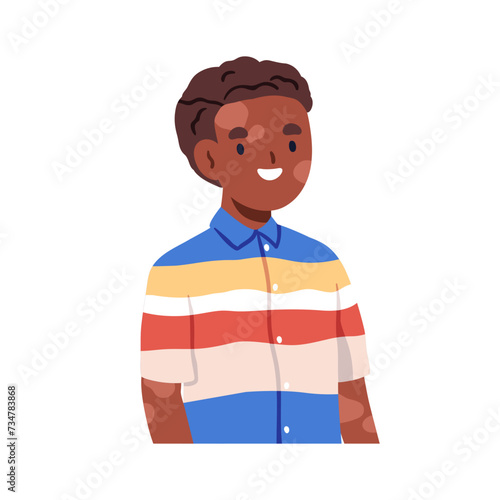 Black kid with vitiligo. Happy smiling child, pigments on face, pale skin patches. Cute cheerful African-American boy, body-positive character. Flat vector illustration isolated on white background