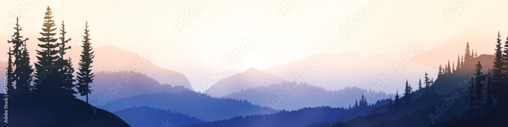 Fototapeta premium Sunrise in the mountains, panoramic view, vector illustration