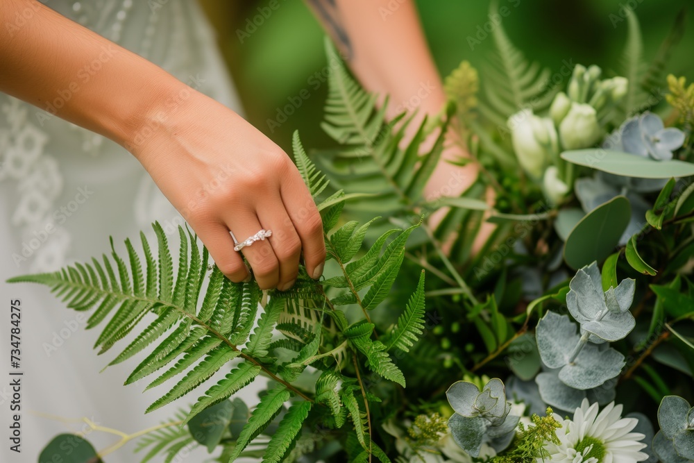 person placing a fern frond in a bouquet