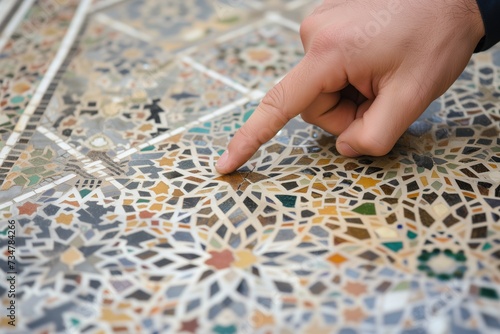 hand pointing at specific features of an intricate inlaid tile sample