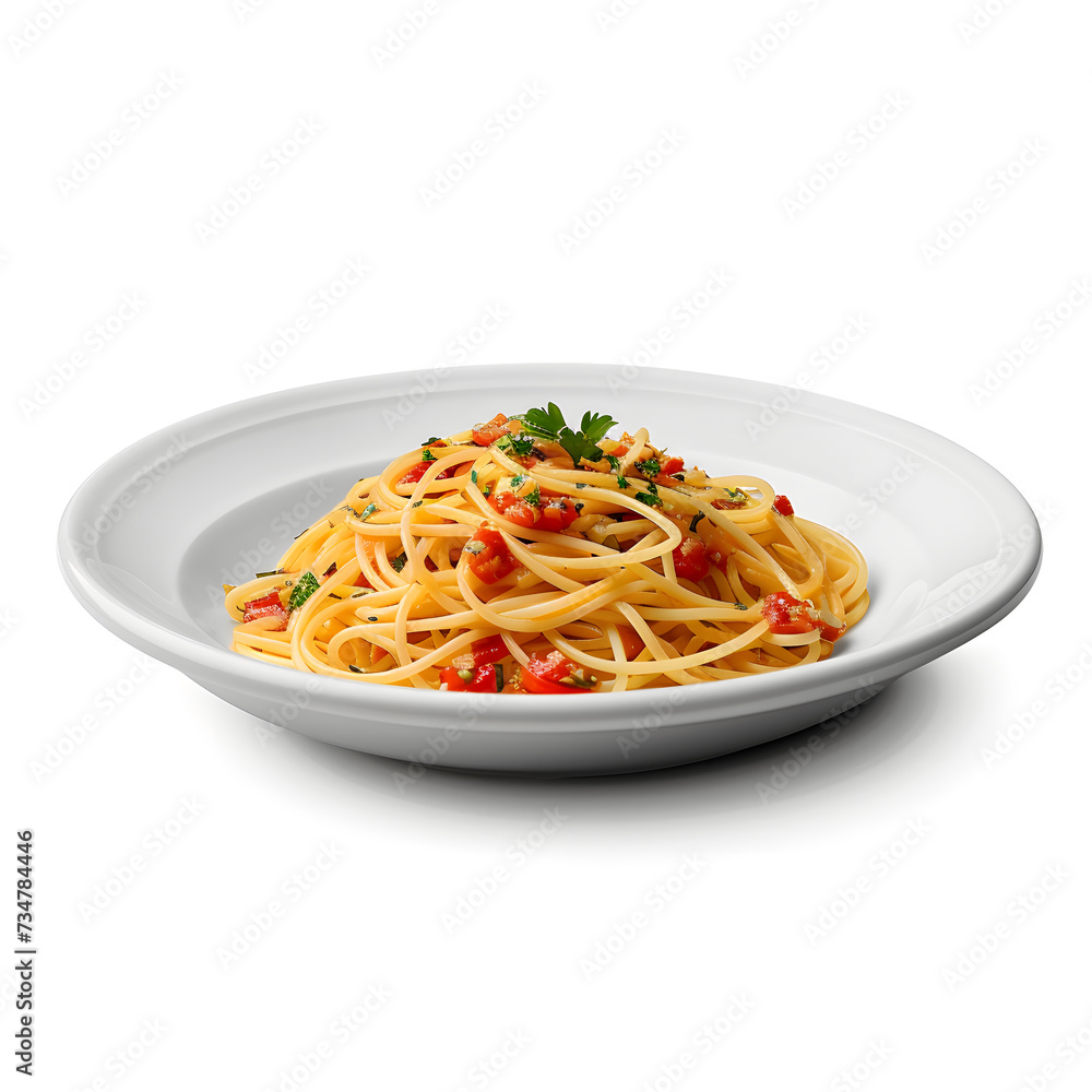 Italian spaghetti with tomato sauce and basil on white plate side view isolated on white background Italian spaghetti with tomato sauce and basil on white plate side view isolated on white background