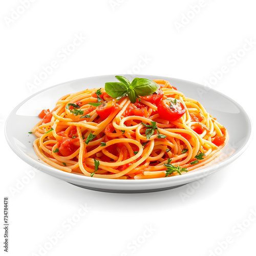 Italian spaghetti with tomato sauce and basil on white plate side view isolated on white background