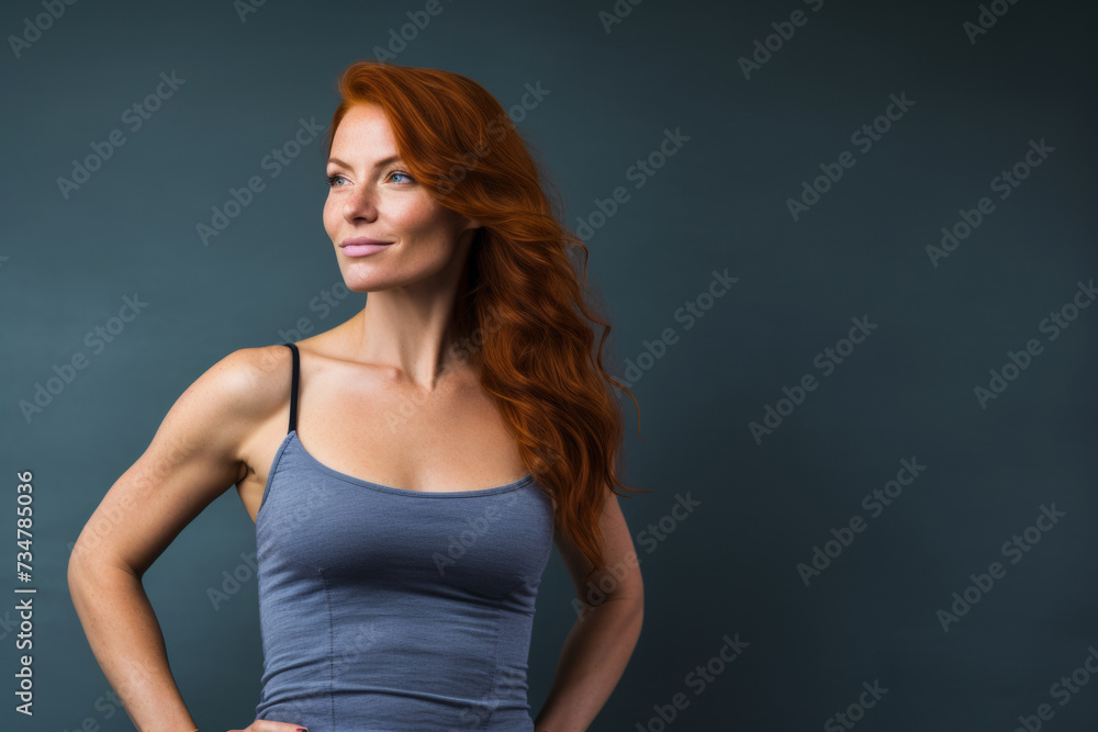 Ambitious Redhead: Determined Fitness Enthusiast Stands Strong Against Dark Background with Copy Space Ambitious Redhead: Determined Fitness Enthusiast Stands Strong Against Dark Background with Copy Space