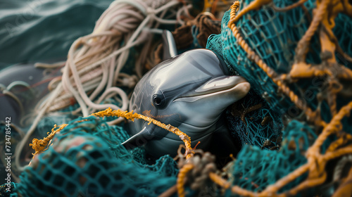 A sea animal trapped in a net, symbolizing the impact of human beings on the planet photo