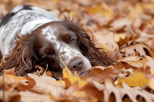 Vászonkép japanese spaniel playing in a pile of autumn leaves