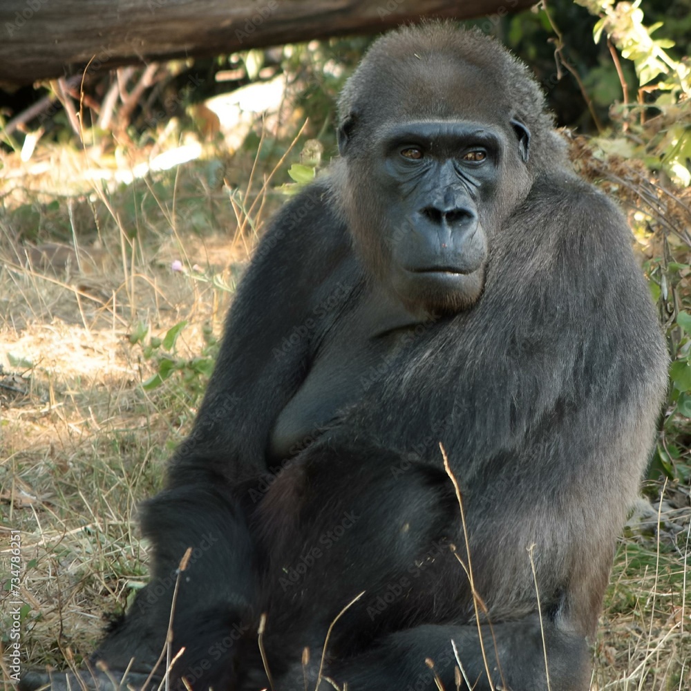 a gorilla sitting on the ground looking to the side,