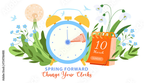 Spring time forward banner. Alarm clock turning one hour forward on the calendar date march 10, 2024. Spring cozy vector illustration with alarm clock and schedule in flowers