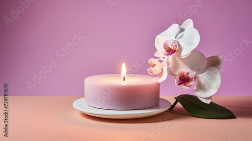 Lighted aromatic candles are placed on a wooden cream colored circular platform and white orchid flowers all around on a light purple soft background created with Generative AI Technology 