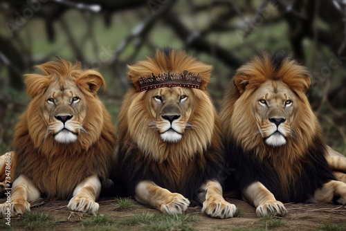 a trio of lions resting, middle one donning a kinglike crown photo