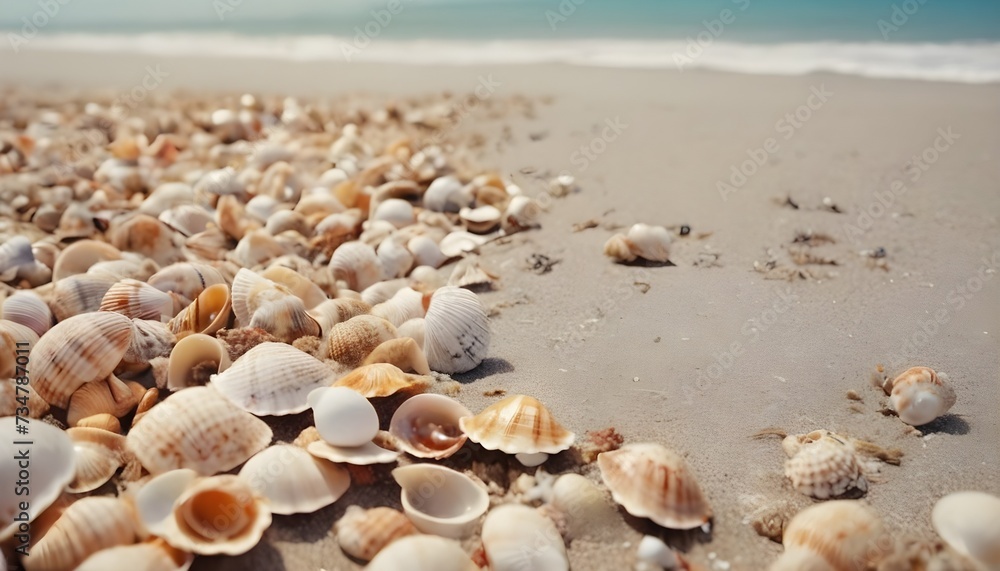 Border of a Seashells expance on a sandy beach