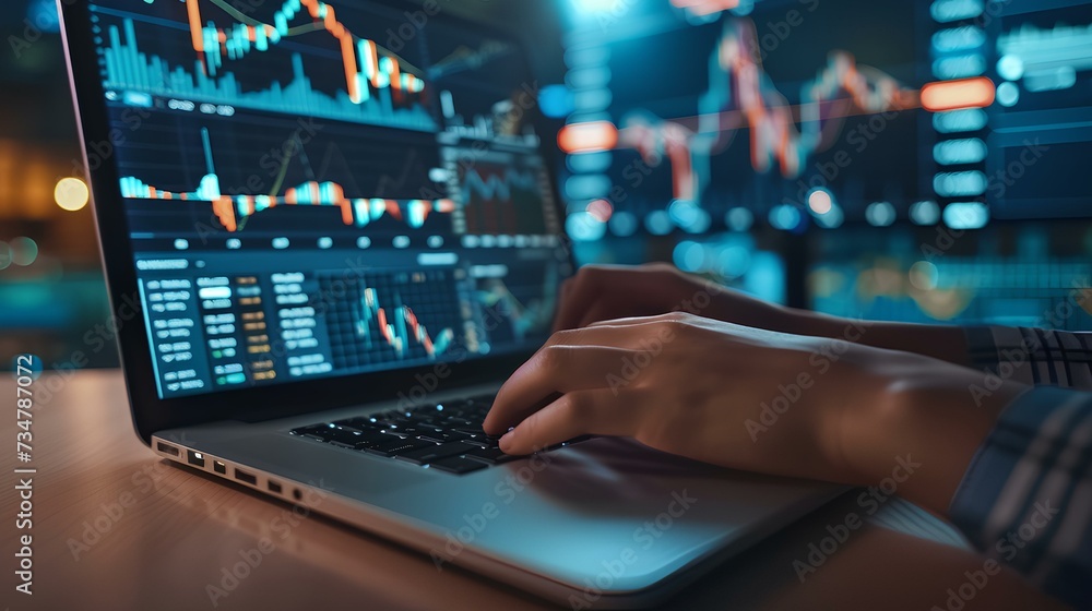 Close-up of hands typing on a laptop with stock market graphs on the screen, editorial office background. traders specializing in stocks and coins. generative AI Close-up of hands typing on a laptop with stock market graphs on the screen, editorial office background. traders specializing in stocks and coins. generative AI