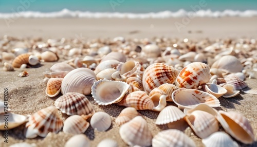 A lot of seashells on a sandy beach