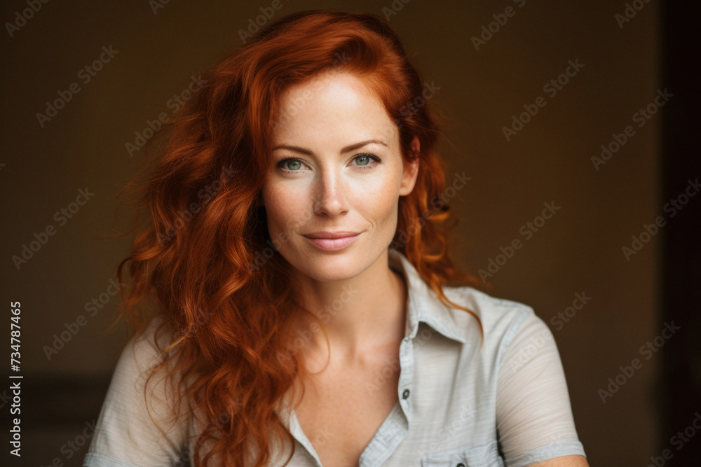 Soulful Redhead: Portrait of a Serene Woman Gazing Introspectively Soulful Redhead: Portrait of a Serene Woman Gazing Introspectively