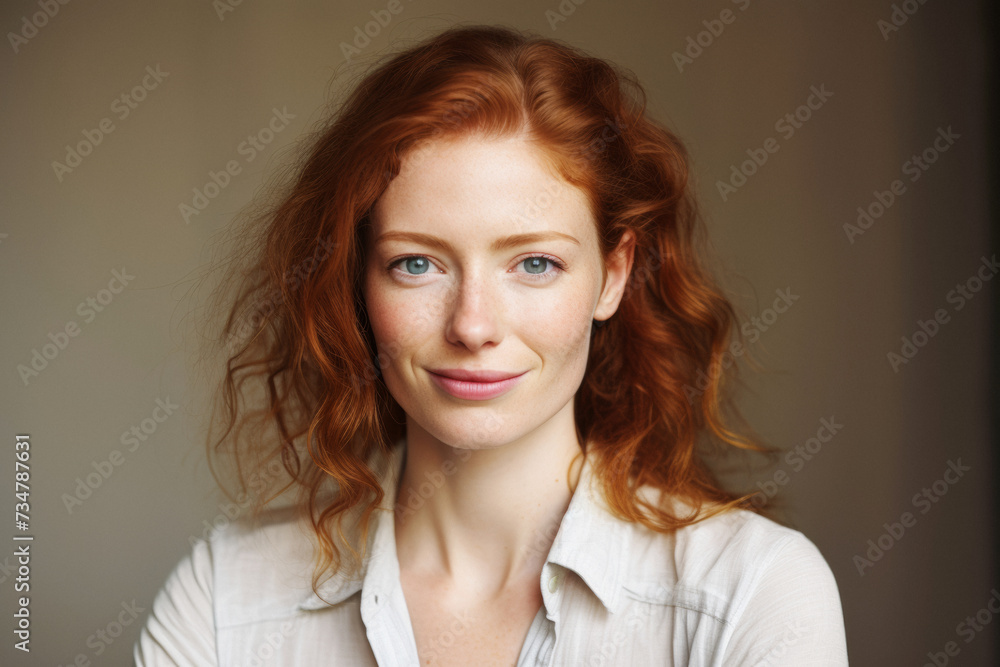 Sensitively Captured: Graceful Young Woman with Long Red Hair Gazing Introspectively against a Dark Brown Background Sensitively Captured: Graceful Young Woman with Long Red Hair Gazing Introspectively against a Dark Brown Background