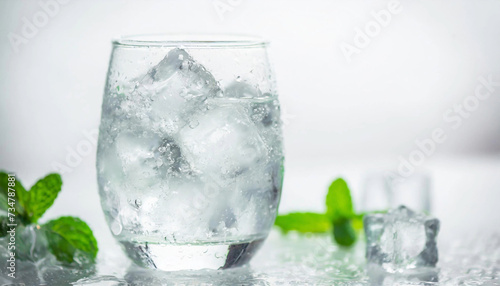 A glass of sparkling mineral water with ice cubes photo