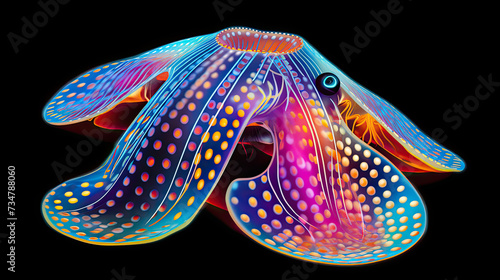 The colorful seashell of the turpin cuttlefish is made of thousands of evenly spaced round dots in glow in dark neon colors on a dark background created with Generative AI Technology photo