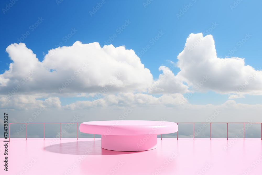 Fototapeta premium Présentation produit avec podium rose et des nuages, fraicheur, scène de cosmétique, scène jus de fruit et boisson, naturel, lumière douce, ombres