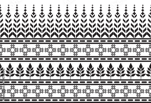 Tribal traditional fabric batik ethnic. ikat floral seamless pattern leaves geometric repeating Design for wallpaper, wrapping, fashion, carpet, clothing. Black and white