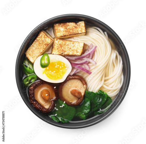 Delicious vegetarian ramen in bowl isolated on white, top view