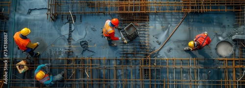 Aerial View of Construction Workers Teamwork