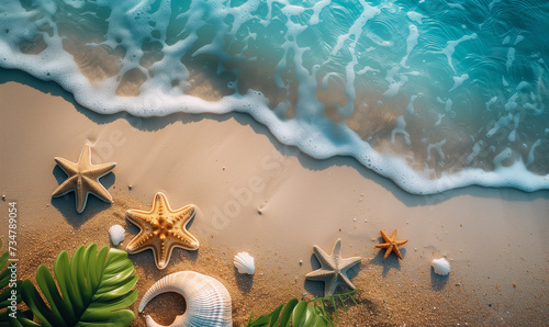 Serene Beach Background with Shells and Starfish in Flat Lay summer Composition