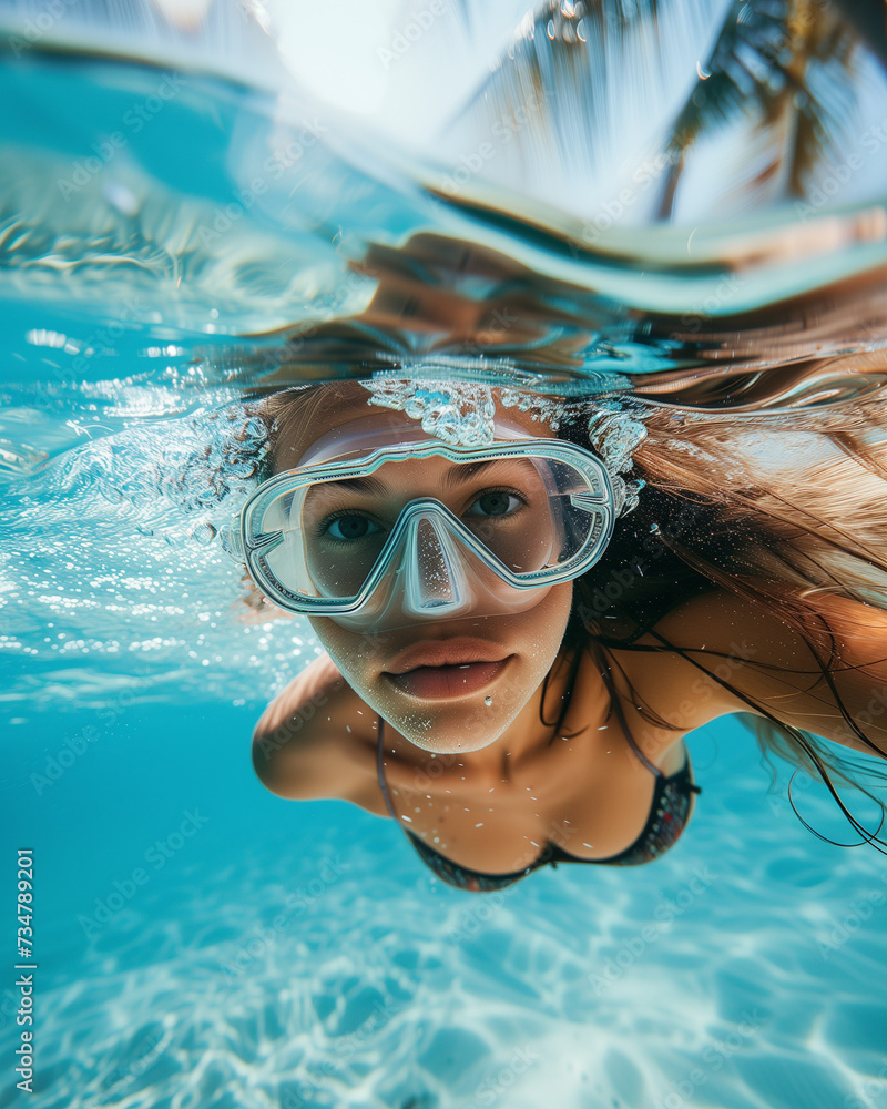 Underwater View of Woman with Snorkeling Mask in Tropical Ocean in summer, perfect summertime
