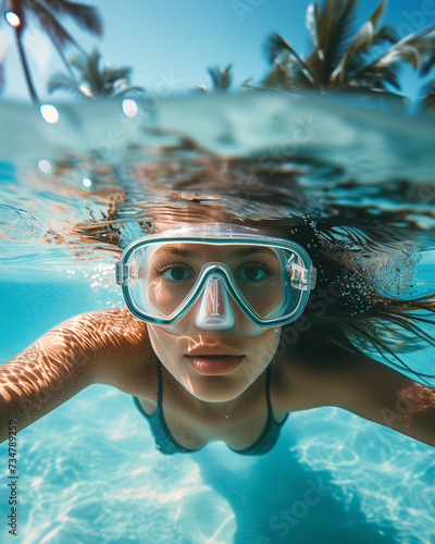 Underwater View of Woman with Snorkeling Mask in Tropical Ocean in summer, perfect summertime 