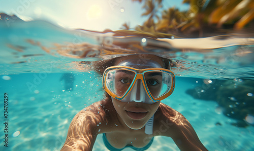 Underwater View of Woman with Snorkeling Mask in Tropical Ocean in summer, perfect summertime  © augenperspektive