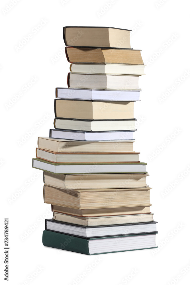 High stack of many different books isolated on white High stack of many different books isolated on white