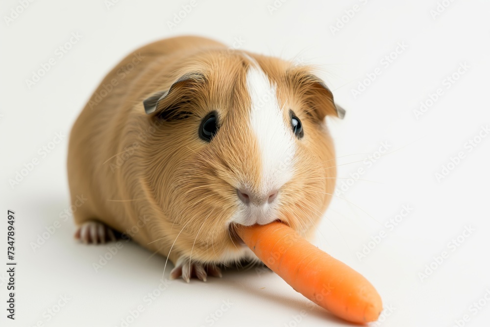 Fototapeta premium guinea pig eating a carrot on a white background