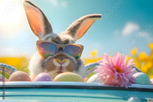 Cute Easter bunny looking out of driving a conve