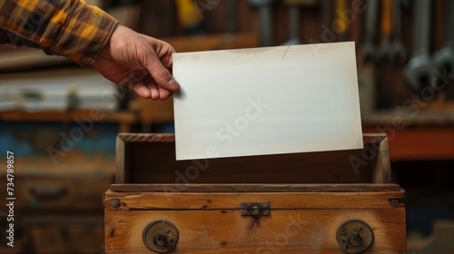 document is being placed carefully into a wooden box for safekeeping