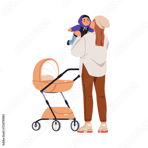 Mom holding baby. Happy mother with cute boy kid in arms, walking with pram, stroller. Excited woman parent with child, infant son in hands. Flat vector illustration isolated on white background
