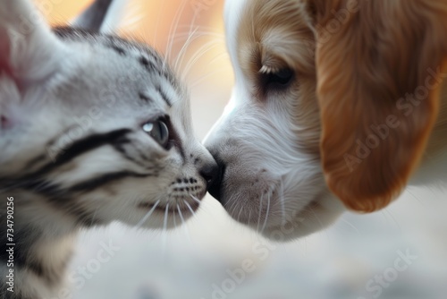 closeup of kitten and puppy noses touching each other